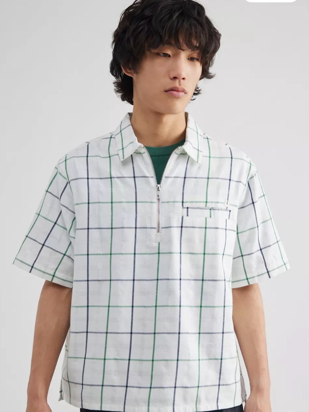 Urban Outfitters White Short-Sleeve Button Down with Green & Black Windowpane